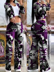 Summer 2pcs/Set Women Popular Seasonal Fashion Suit | Camouflage V-Neck Button-Up Top Pants With Drawstring Waist | Elegant Casual Casual Y2K Style Lightweight & Comfortable Fabric, Vacation Outfits For Women - 淺灰紫 - 查看 1