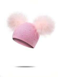 1 Set Girls Cute Faux Rhinestone Fuzzy Ball Beanie Hat, Children Gloves & Hat Set - Pink - View 2