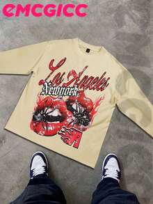 EMCGICC Street Life Men's Y2k Style (250 Cotton T-Shirt) Long Sleeve Shirt, Cotton Graphic T-Shirt, Men's Hip Hop Style - Long Sleeve T-Shirt, Fun Vintage Shirt, Regular Fit, Street Style, Halloween, Digital Print, Ideal Gift - 米色 - 查看 2