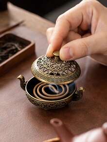 1 Chân đốt hương rỗng, Đế đựng hương kim loại dạng lỗ dùng để xông hương trong nhà, trang trí nhà cửa, trà đạo Trung Quốc, bàn thờ gia đình, phụ kiện phòng khách, máy sưởi hương mini - Màu nâu  Mocha - Xem 4