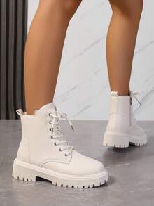 2025 New Autumn/Winter Women Boots, Fashion Versatile Casual Boots, Side Zipper Women Ankle Boots, Lace-Up Women Shoes, Warm Winter Women Boots, Flat Comfortable Women Boots, Chelsea Women Ankle Boots - White - View 4