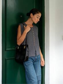 GIGOGOU Chaleco de mujer de cuello redondo, abotonadura sencilla, bolsillo falso, sin mangas, para otoño e invierno, de unicolor, estilo retro, para uso casual y de negocios, chaqueta tipo cárdigan