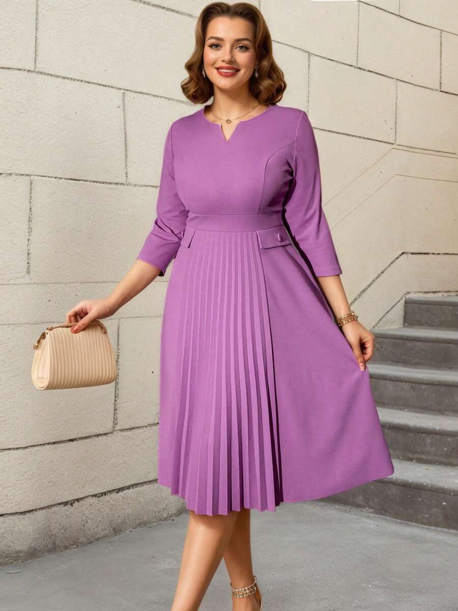 AOMEI 女式休闲春秋季褶皱中长连衣裙长款泡泡袖 V 领荷叶边飘逸口袋连衣裙 - 紫色 - 查看 1