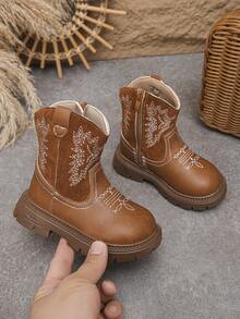 Girls' Fashion Embroidered Design Tall Chelsea Boots, Outdoor Boots, Soft & Comfortable - Brown - View 1