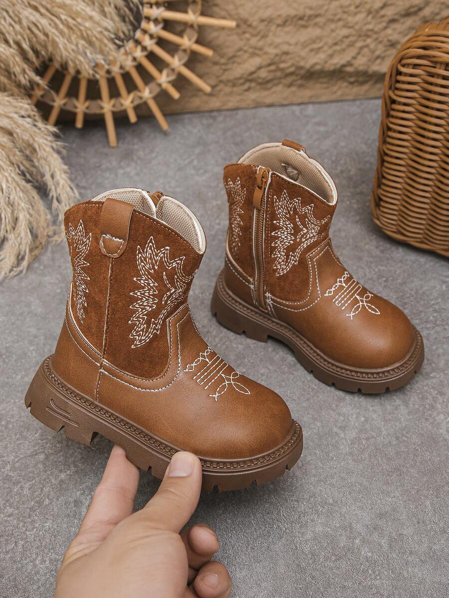Girls' Fashion Embroidered Design Tall Chelsea Boots, Outdoor Boots, Soft & Comfortable - Brown - View 1