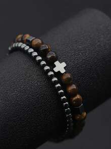 2pcs Men's Bracelet Set, Natural Agate, Hematite, Cross Beaded Bracelet, Featuring Natural Lava, Tiger Eye, Red Pine, Volcano Stone, Vintage Gentleman Style, Suitable For Daily Wear