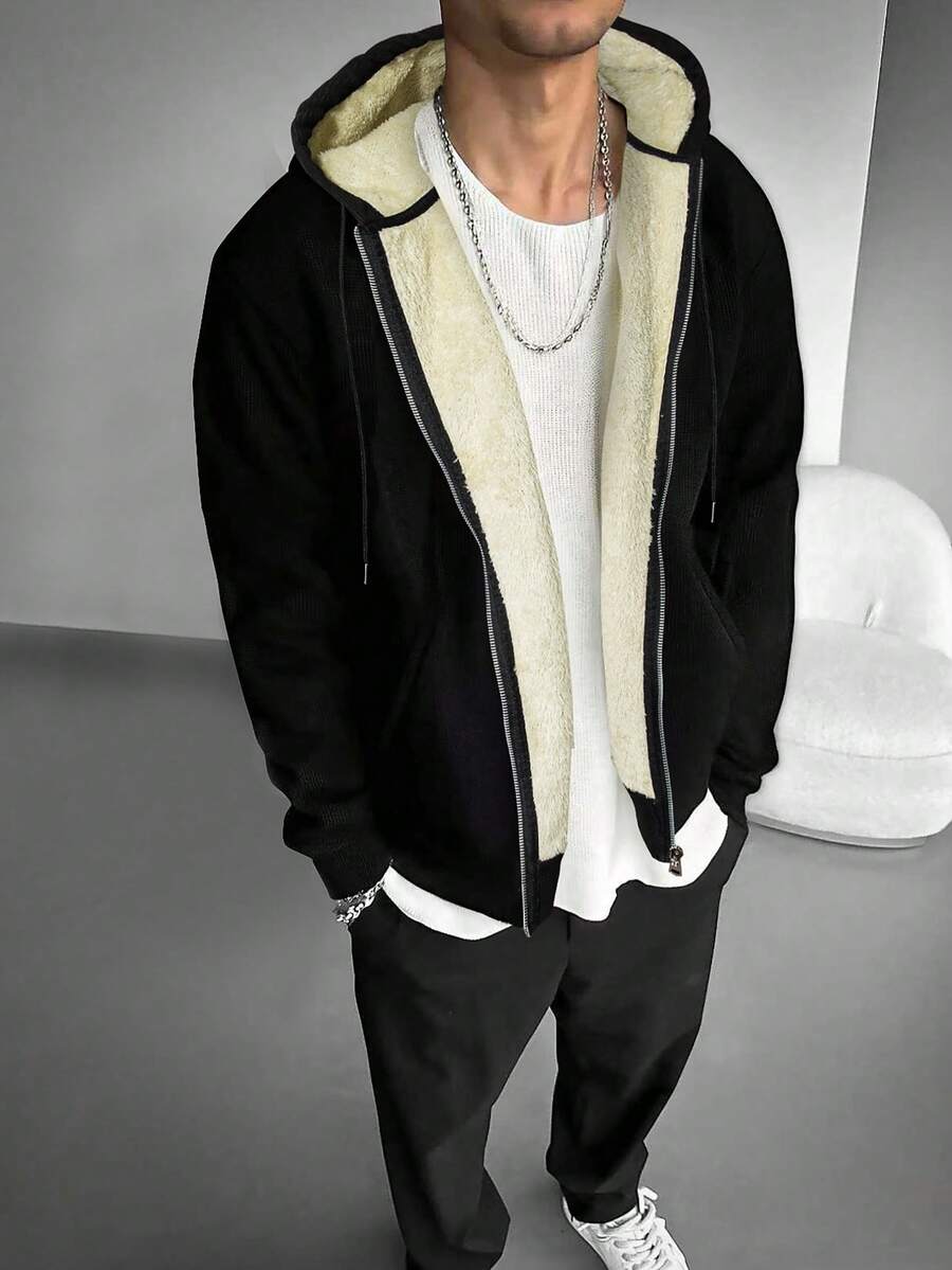 男士 Old Money 加厚保暖长袖夹克，秋季，颓废风 - 黑色 - 查看 1