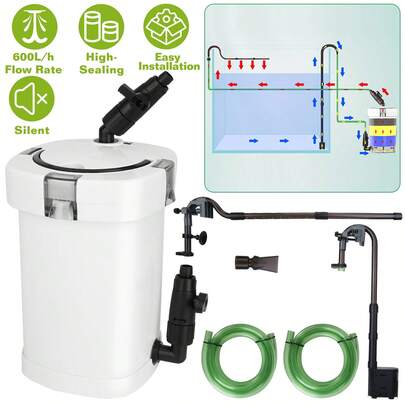 Bestluckw External Aquarium Canister Filter With 6W Pump, 600L-H Flow Rate Silent Water Filter Kit For Freshwater & Saltwater Fish Tanks Up To 39.4in, 5-Layer Biological Filtration, Easy Installation