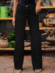 Quần jeans nữ ống đứng cạp cao mới năm 2025 - Chất liệu denim xanh đậm mài bạc, dáng ôm, khóa kéo, có thể giặt máy, kiểu dáng thường ngày đa năng cho mọi mùa, màu đen xuân. - màu đen - Xem 8