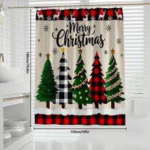 1 Stück/4 Stücke fröhliche Weihnachten bunte Weihnachtsbaum Muster multifunktionale wasserdichte Duschvorhang mit 12 Haken, rutschfeste Badezimmermatte, U-förmige Bodenmatte und runde Toilettendeckelabdeckung, Badezimmer-Set für alle Situationen