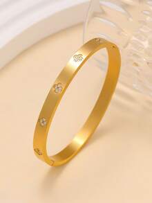 Textured Clover Stainless Steel Bracelet Set For Women, Suitable For Multiple Occasions, Couples, Formal Events, Parties, And Gifts - Yellow Gold - View 18