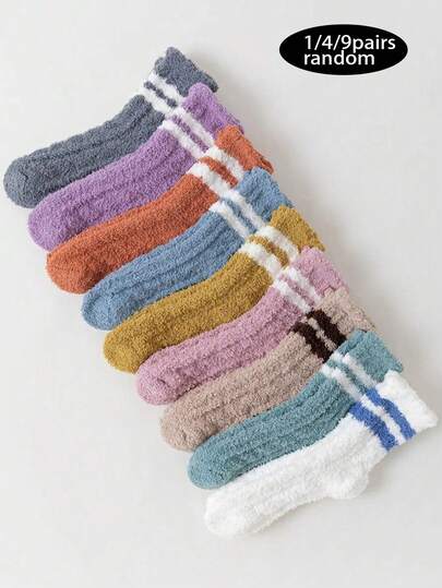 1/4/9 par nowych skarpetek damskich na jesień/zimę, z polaru w podwójne paski w kolorze koralowym, do połowy łydki, grubych, ciepłych i wygodnych, uroczych skarpetek do sypialni/domu, uniwersalnych i oddychających
