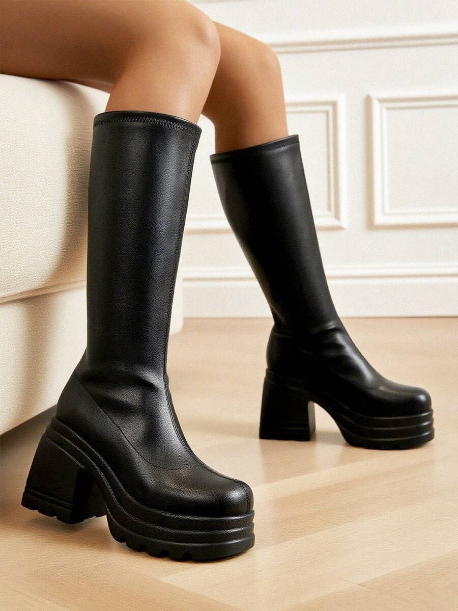 Knee High Platform Long Boots For Women Round Toe Chunky Heels Knitted Platform Boots Fall Winter Casual Party Tall Boot - Black PU - View 1