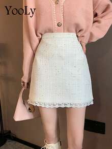 Tweed Small Fragrance High Waist Slimming Lace Patchwork Hip Short Skirt Autumn And Winter - White - View 2