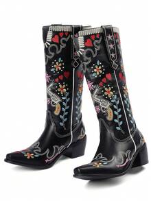 Embroidery Women Western Boots Block Heel Mid Calf Cowgirl Cowboy Shoes Retro Vintage Design Fashion Wedding Women Ridding Boots - 黑色 - 查看 5