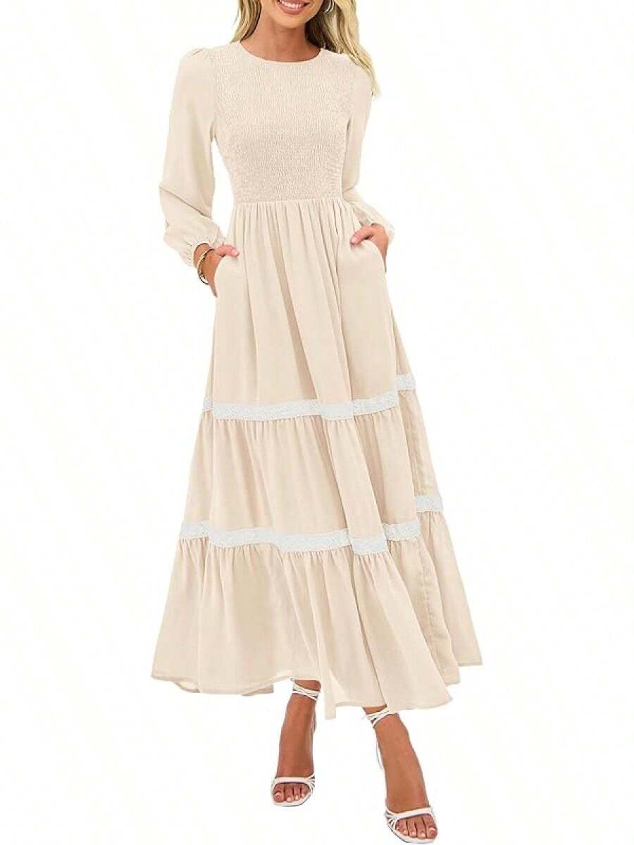 KIRUNDO Smocked Boho Tiered Lace Trim Flowy Maxi Dress Long Dresseshalloween - Màu be - Xem 1
