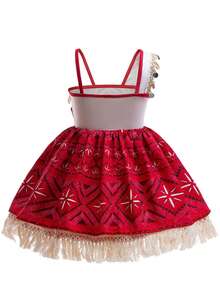Girls' Princess With Accessories - Red Sleeveless Dress With Lace Detail, Sequined Hem, And Matching Hat For Halloween Or Dress-Up, Ensemble|Lace Detailing|Decorative Hat|Delicate Detailing, Halloween Costumes For Girls - 紅色 - 查看 2