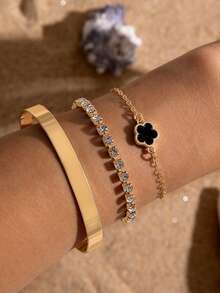 3件套时尚合金水钻四叶草手链，简约几何光滑手镯套装，适合日常佩戴 - 彩色 - 查看 3