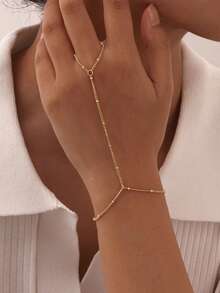 1pc Minimalist Fashion Metal Beads Chain Link Finger Ring Bracelet (Handmade Chain Cut To Appropriate Size, Random Bead Quantity) - Gold - View 10