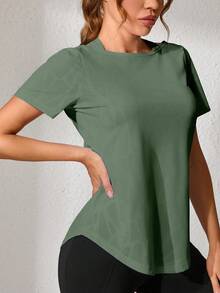 1 件大码女士健身、舞蹈、瑜伽提花休闲运动上衣，专业宽松运动衬衫，镂空背部设计，夏季新款白色宽松修身露背短袖运动 T 恤，适合普拉提训练 - 軍綠色 - 查看 3