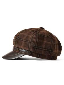 1 pieza Boina retro elegante, con estampado de cuadros y decoración de letra metálica, estilo gorra de periódico, adecuada para uso diario de mujeres