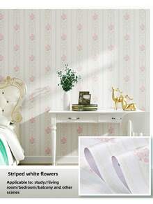 1 Roll Of Thickened Striped Self-Adhesive Wall Decoration Stickers For Living Room And Bedroom TV Background Wall Waterproof And Moisture-Proof Wipeable Wallpaper Wall Paper Wall Stickers Room Decor - Striped White Background With Pink Flowers - View 12