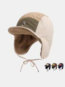 1pc Contrast Color American Cartoon Embroidered Winter Trapper Hat, Thick Warm Ear Protection Fleece Aviator Pilot Cap Autumn Decor - A - View 3