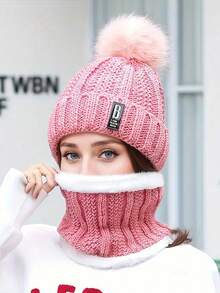 Set de 2 piezas de gorro de boina de invierno para mujer y bufanda con forro polar y pompón - Transpirable, elástico, cierre con cremallera, lavar a mano, ideal para Navidad y otoño