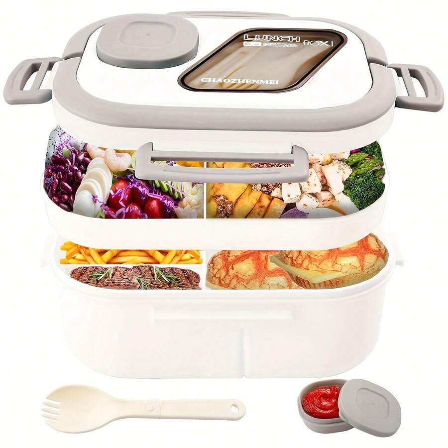 40.5 Oz.Large Salad Bowl,1 Adult Bento Box, Salad Container, Large Salad Bowl, Bento-Style Tray For Toppings, 3 Oz. Sauce Container For Dressing, With Reusable Fork And Knife,Back To School - 便當 - 查看 1
