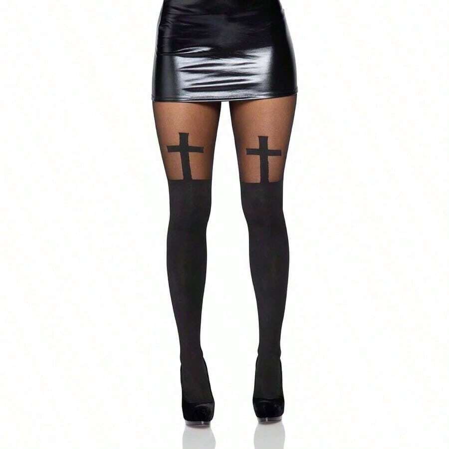 Women Bat Wing Sheer Tights - 十字黑 - 查看 1