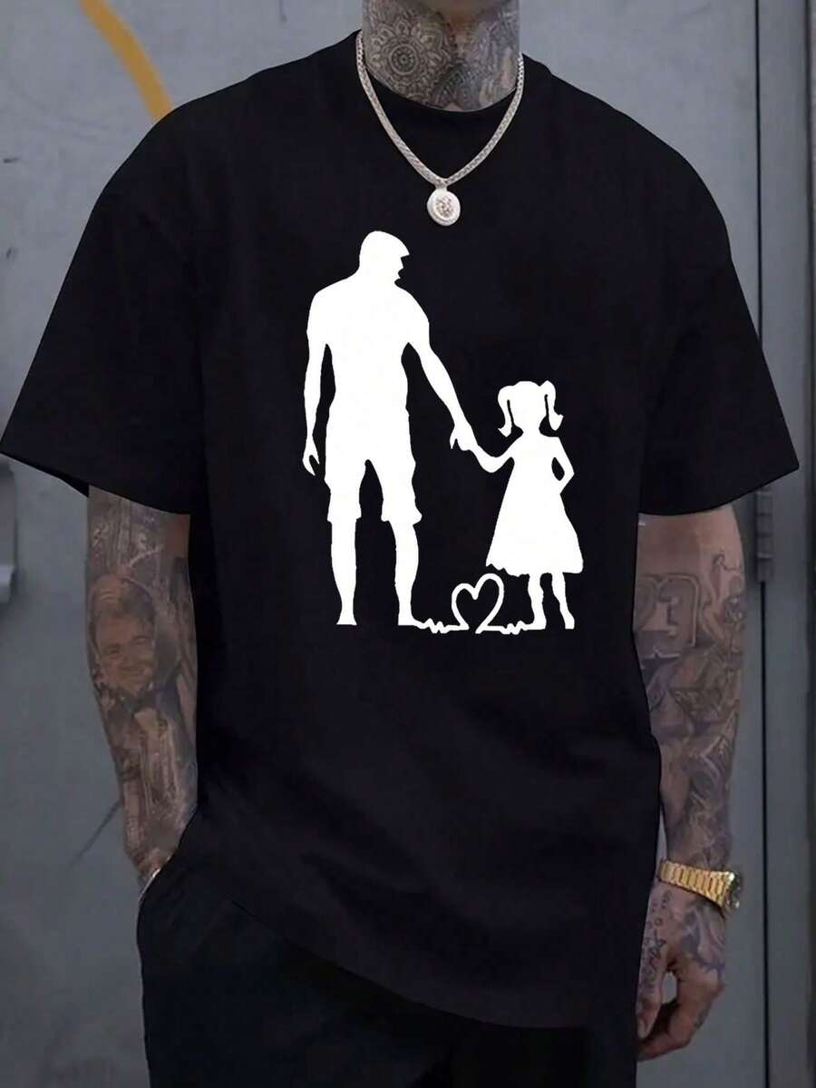 Dad And Daughter Pattern Printed Men's Cotton Round Neck Short Sleeved Sports T-Shirt, Fashionable Street Style T-Shirt, Casual And Comfortable - 黑色 - 查看 1