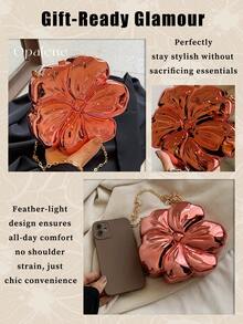 Women's Elegant Mini Flower Shaped Chain Crossbody Bag, Metallic Y2K Style Theme Party Shoulder Bag, Fashionable Novelty Shaped Bags, Versatile Small Mobile Phone Key Coin Purse, Portable Outdoor Travel Vacation Cosmetic Bags, Wear-Resistant Solid-Color Clutch Bag - 紅色 - 查看 9