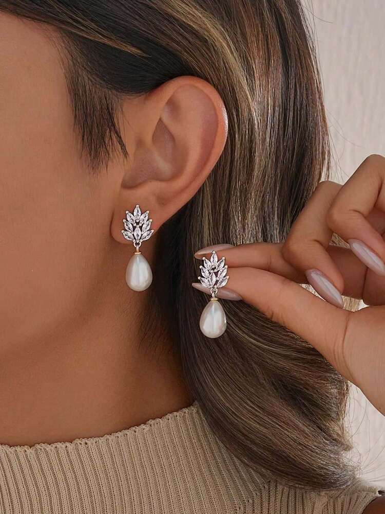 1 Pair Elegant Gold-Plated Pearl & Cubic Zirconia Teardrop Earrings - Suitable For Daily Wear, Banquets, Parties, Weddings - Bridal Pearl Earrings - Multicolor No. 3 - View 7