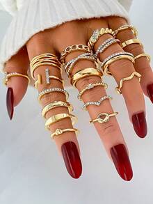 20 件简约水钻十字架、心形、螺旋戒指、多元素 X 形指节戒指，适合女性日常和节日佩戴 - 金黃色 - 查看 3