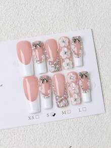 10pcs/Set Extra Large Rectangular French Embossed Rhinestone Bow Nail Stickers, Reusable, 4 Sizes Available, Suitable For Girls/Women, Actors, Stage Performance, Festivals, Parties, Weddings, Daily Wear Handmade Press On Nails - White - View 4