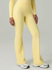 女士高腰瑜伽喇叭裤，带口袋 - 宽腰带，舒适，弹力，靴型紧身裤 - 黃色 - 查看 6