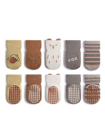 Set de 5 pares de calcetines de piso para bebé/niño pequeño de primavera/verano con revestimiento antideslizante, calcetines de algodón para caminar de media caña, estilo coreano con dibujos animados, calcetines de piso aislados y antideslizantes para otoño e interior para niños y niñas