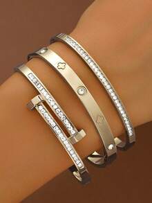3 Sets Waterproof Luxury Multicolor Cubic Zirconia Bangle, Stainless Steel Open Cuff Bracelet, 18K Gold Plated Fashion Jewelry, Women Jewelry, Gold Jewelry, Women Bracelet Accessories, Women Stainless Steel Jewelry Bracelet - Silver - View 15