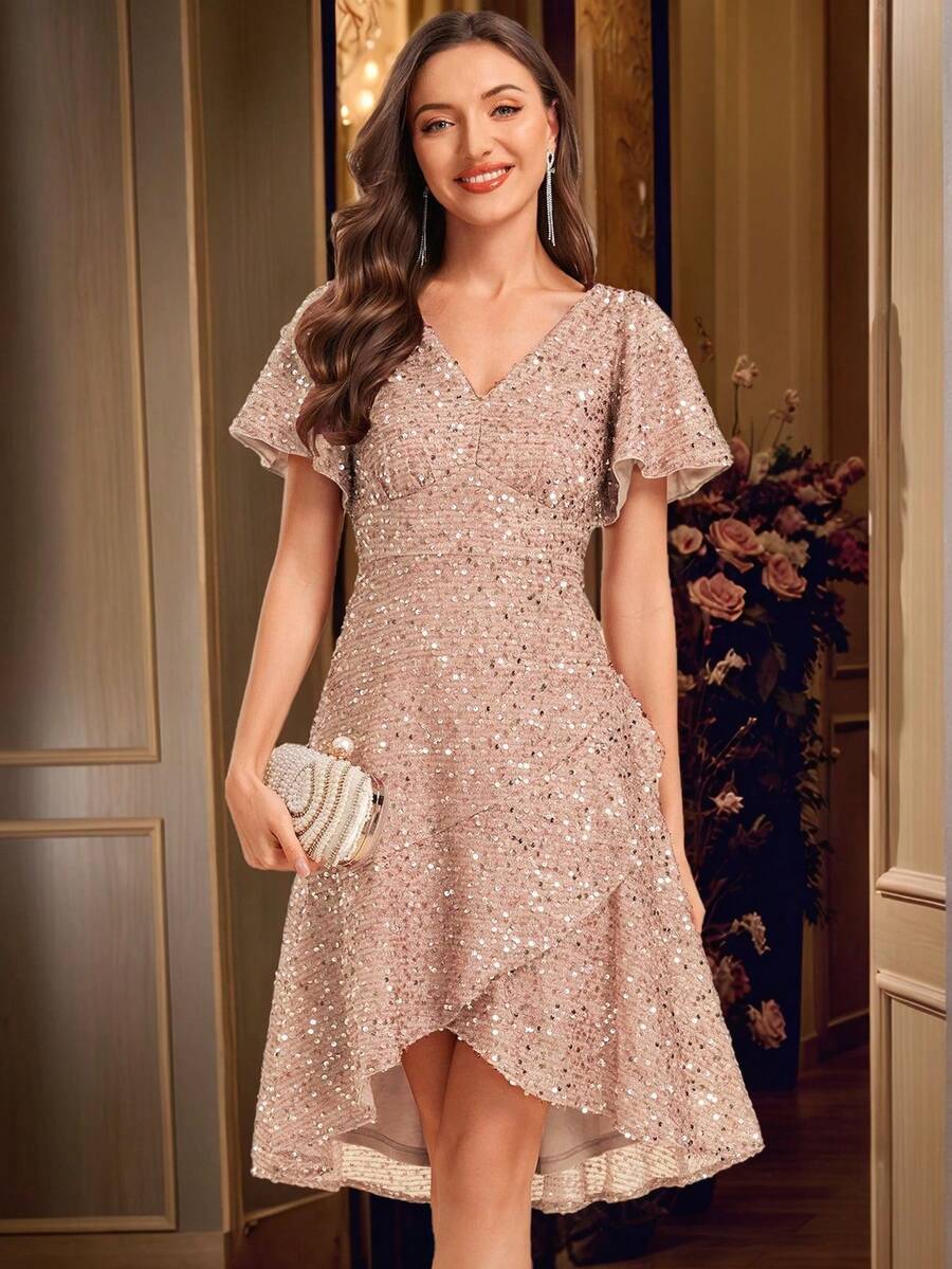 奢华亮片晚礼服 V 领荷叶边袖修身及膝宾客礼服 - 香檳色 - 查看 1