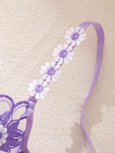 Paars Semi Transparent Com Tafel Breathable Daisy Geborduurde Bloemen Mesh Hollow Verleidelijke Lingerie Set, Lazy Two Pieces BH Sweet Thong, Various Parties view 4