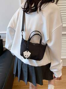 时尚通勤包，极简休闲单肩包，轻盈斜跨饺子方形女包。极简尼龙方形手提包，时尚手柄钱包，配有可拆卸肩带，适合女生、女大学生、初学者和办公室女士，非常适合办公室、大学、工作、商务、通勤 - 黑色 - 查看 5