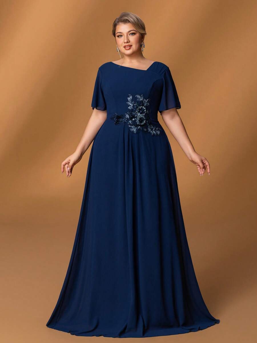Faeriesty Mosy ​Elegant Plus-Size Mother Of The Bride Dress With Flattering Heart-Shaped Neckline, Feminine Ruffled Short Sleeves, And Graceful A-Line Skirt - Perfect For Weddings, Formal Evening Dinners, Upscale Banquets, Grand Receptions, Ceremonial Galas​