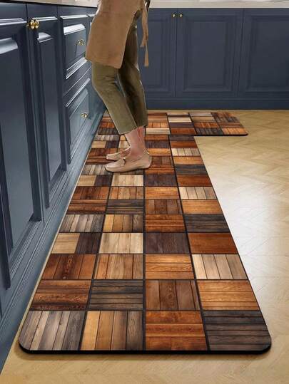 1pc Silica Gel Kitchen Floor Mat, Wood Grain Mosaic Pattern Design, Simulating The Effect Of Old Wooden Board Splicing, Presenting A Retro And Natural Visual Style
