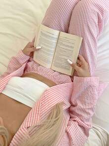Nina Bonheur Bộ đồ ngủ 2 món gồm áo dài tay kẻ sọc cài nút phía trước và quần cạp rút cho nữ, đồ ngủ dễ thương, trang phục ấm áp, quần áo thu đông - Màu Hồng  Dưa hấu - Xem 2