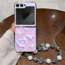Light Purple Based Rainbow Crescent, Colorful Butterfly And Heart Pattern Phone Case Compatible With Samsung Galaxy Zflip 6,Zflip 5,Moto Razr50, Razr60,Galaxy Zfold 6 Zfold5 Cover Protective Shockproof Casing White Cases Fashion Pattern Galaxy Phone Case With Butterfly Phone Strap - White - View 2