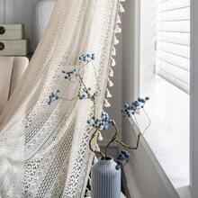 Boho Curtains Crochet Lace Semi-Sheer Bohemian Hollow Knitted Handmade Tassels, Rod Pocket Window Treatment Vintage Rustic Farmhouse Drapes For Living Bedroom, 1 Panel 59" W X 84" L, Beige - 米色鉤針編織 - 查看 6