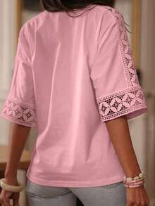 Women's Elegant Solid Color Woven Fabric Hollow Out T-Shirt, Garden & Daily Casual, Ruffle Patchwork, Spring/Summer Pink - Pink - View 3