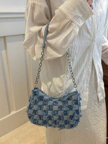 Fashionable Versatile Solid Color New Floral Print Shoulder Bag, Casual Minimalist Baguette Small Square Bag For Women - Blue - View 6