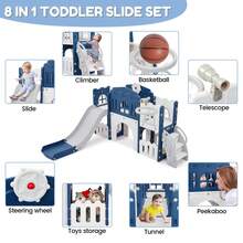 Huisuilinss Toddler Slide Set,8-In-1 Toddler Slide Playset,Indoor Toddler Playground With Slide,Kids Slide Outdoor Play Includes Basketball Hoop,Climber,Crawling Tunnel,Toy Storage For Kids Ages 1-3 - Màu xanh lam - Xem 2