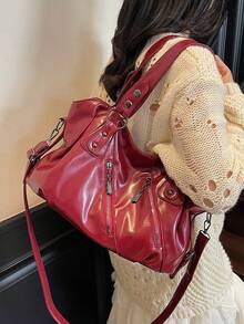 Large Capacity Waterproof Business Casual PU Handbag, Multi-Pocket Design With Compartment, Multifunctional Shoulder Crossbody Bag, Suitable For Young Girls, Female College Students, White-Collar And Career Starters, Perfect For Work, Business Commute, Shopping, Outdoor Travel And School - 酒紅色 - 查看 3